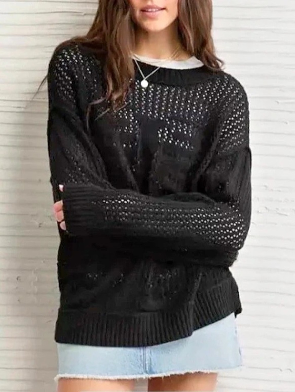 American Eagle Outfitters AE Mesh Skeleton Sweater Black Open Knit Sweater Size